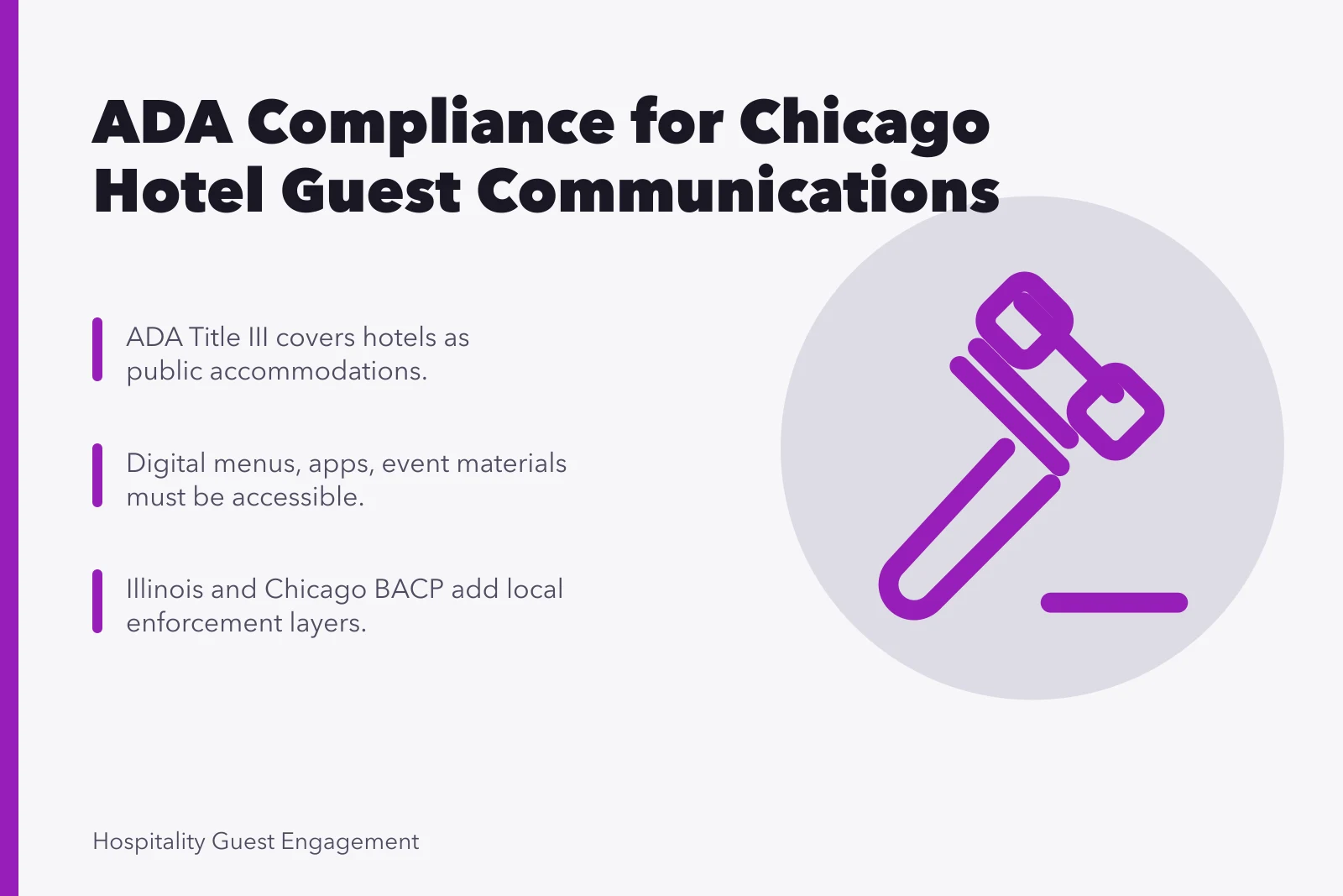 Card summarizing ADA compliance for Chicago hotel guest communications. What ADA compliance means for Chicago hotel guest communications