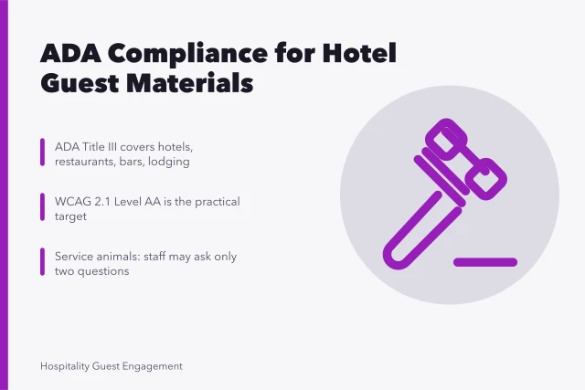 ADA compliance guide for hotel guest engagement materials and digital accessibility. ADA compliance in guest engagement materials, a US guide