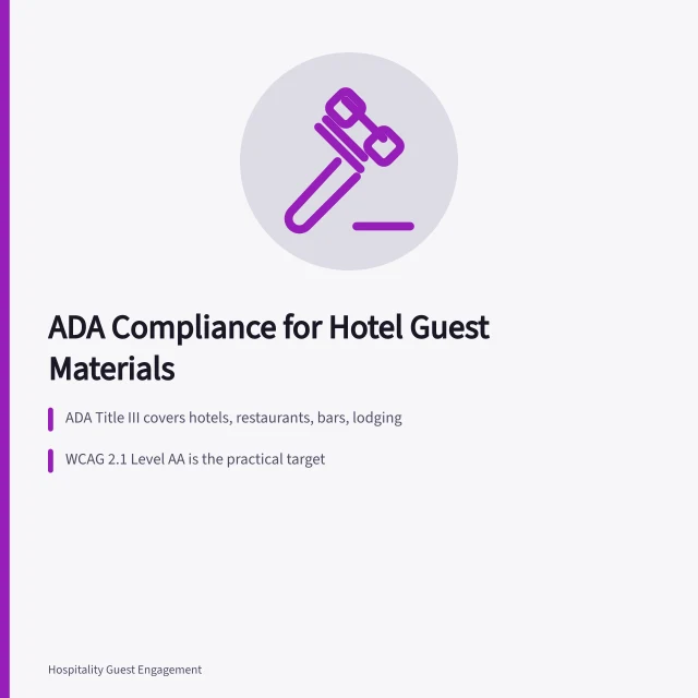 ADA compliance guide for hotel guest engagement materials and digital accessibility. ADA compliance in guest engagement materials, a US guide