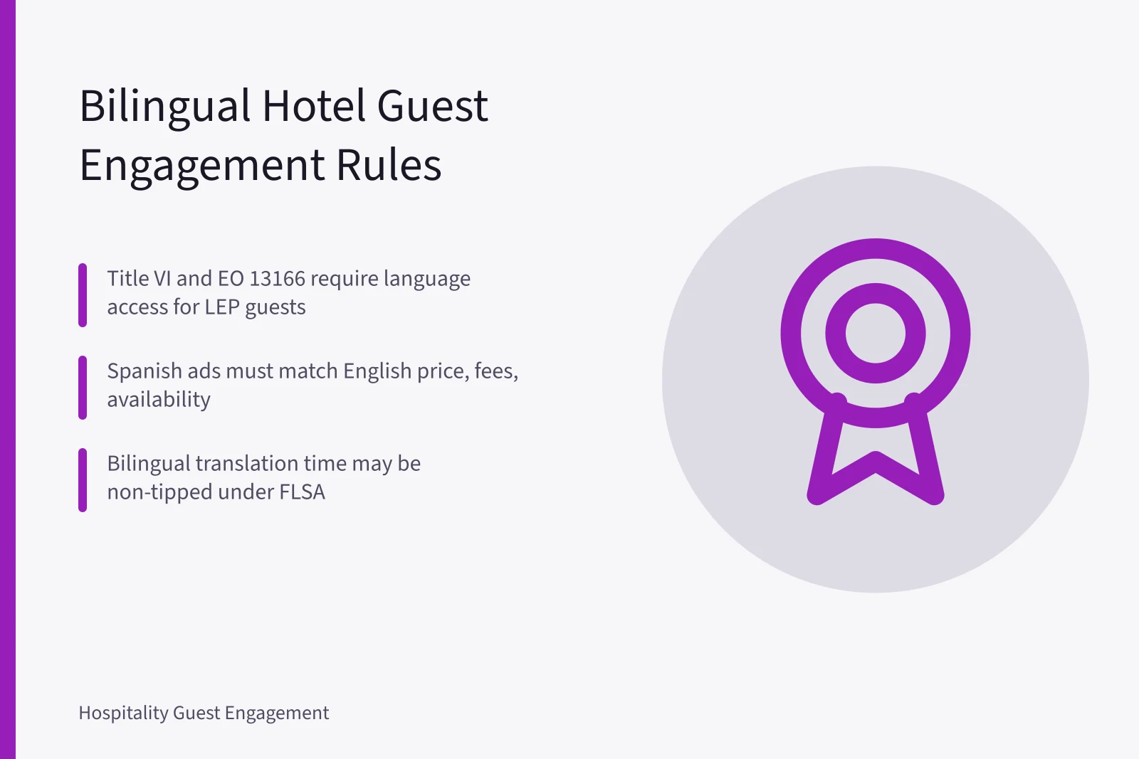 Card summarizing bilingual hotel guest engagement rules and compliance requirements. Bilingual guest engagement rules for US hotels, beyond Miami