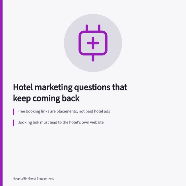 Card summarizing hotel marketing questions on booking links, budgets, and direct bookings. The hotel marketing questions that keep coming back