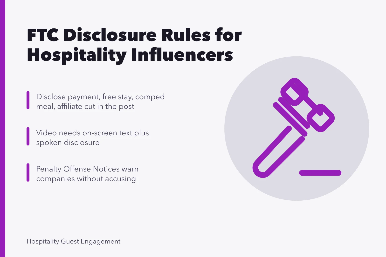 Card on FTC endorsement disclosure rules for hotel and restaurant influencers. FTC endorsement guides for hospitality influencers, an overview