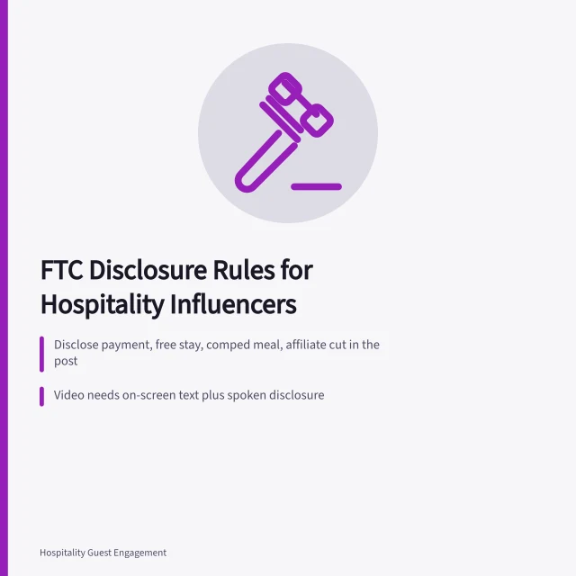 Card on FTC endorsement disclosure rules for hotel and restaurant influencers. FTC endorsement guides for hospitality influencers, an overview