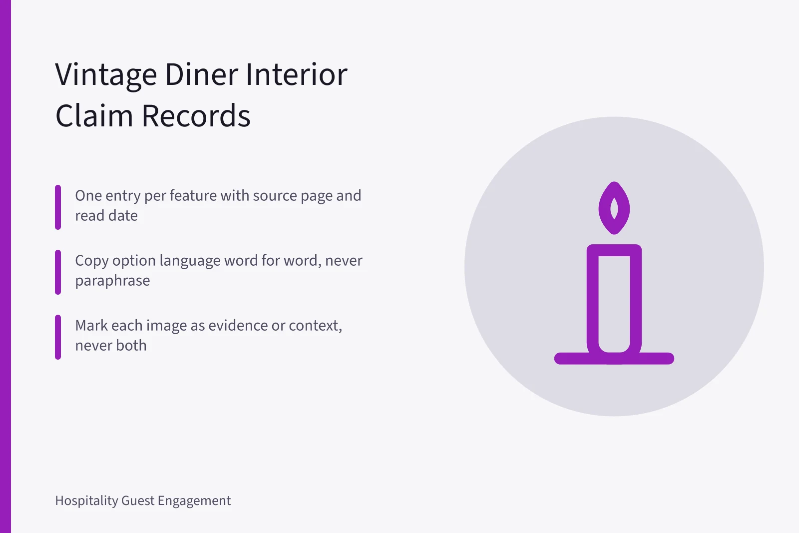 Card listing six fields for recording vintage diner interior claims. Hospitality guest engagement in practice: first estimate to final handoff
