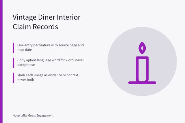 Card listing six fields for recording vintage diner interior claims. Hospitality guest engagement in practice: first estimate to final handoff