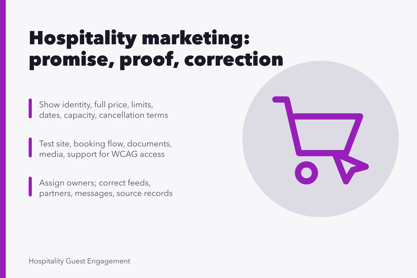 Card summarizing hospitality marketing offer disclosure, accessibility testing, and operating record steps. A working brief on hospitality marketing strategy best practices, updated for 2027