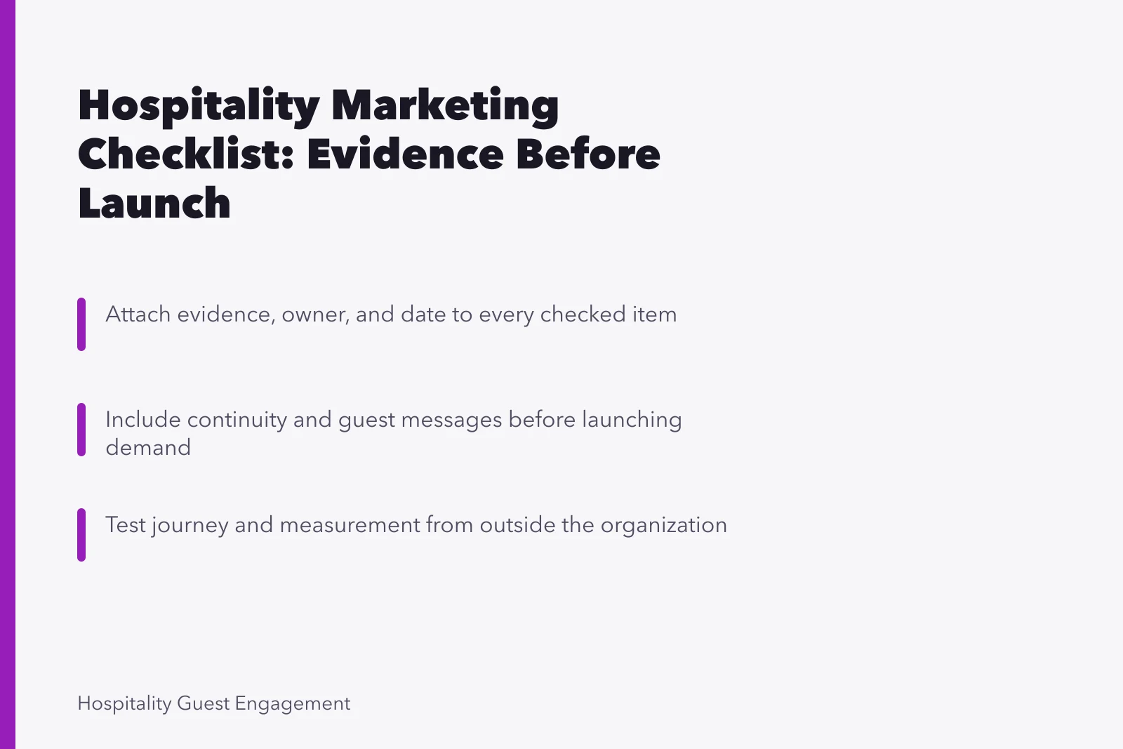 Checklist card for hospitality marketing strategy with evidence and ownership gates. A hospitality marketing strategy checklist built for real conditions
