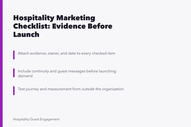 Checklist card for hospitality marketing strategy with evidence and ownership gates. A hospitality marketing strategy checklist built for real conditions