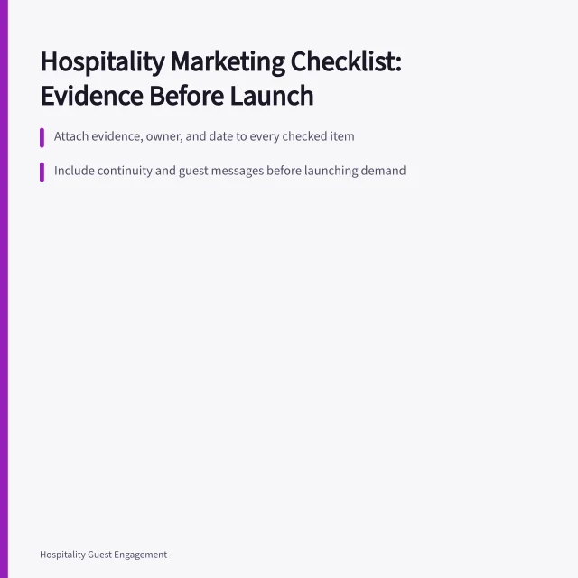 Checklist card for hospitality marketing strategy with evidence and ownership gates. A hospitality marketing strategy checklist built for real conditions