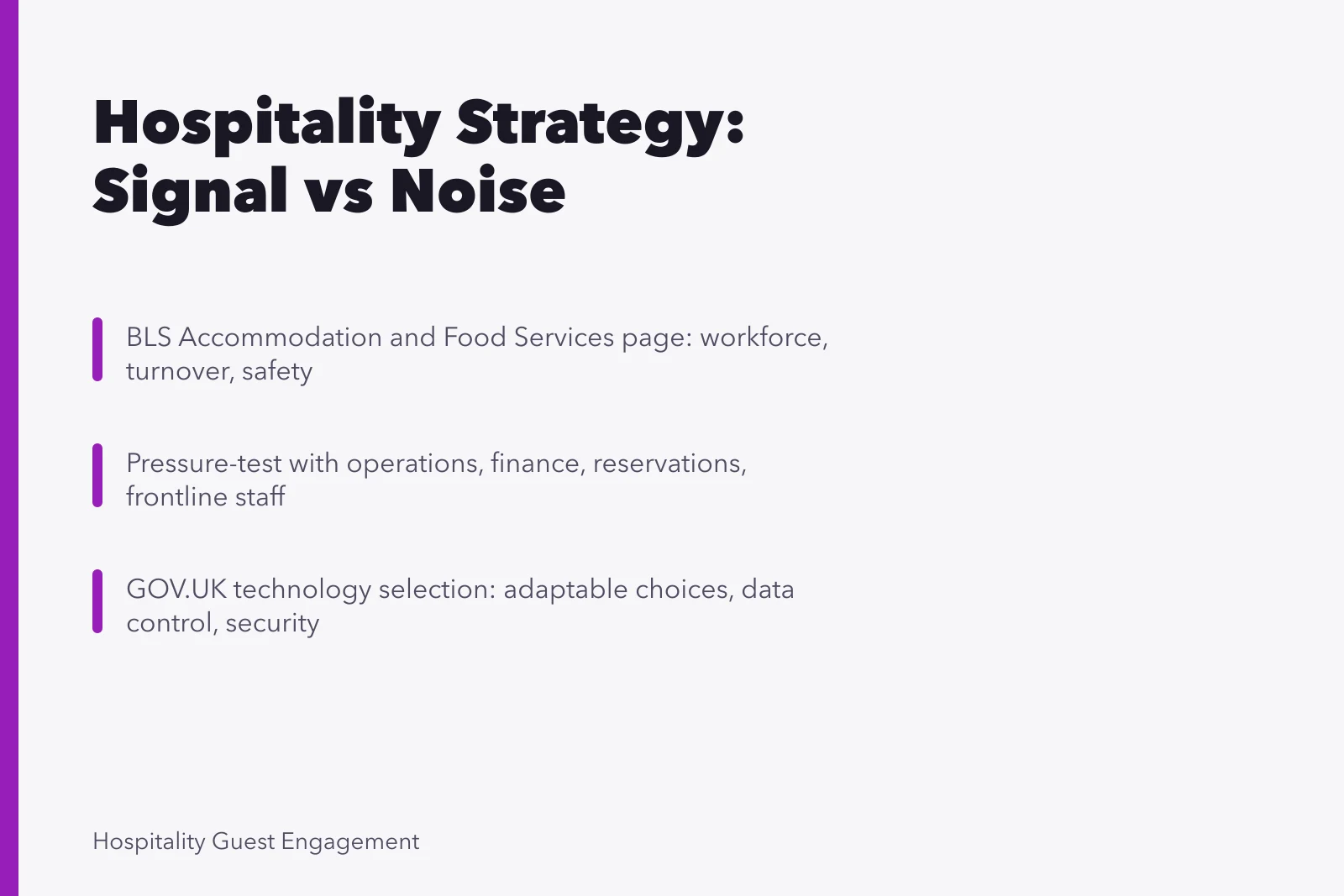 Hospitality marketing strategy card with evidence, choices, and pressure-test steps. Hospitality marketing strategy development: signal versus noise