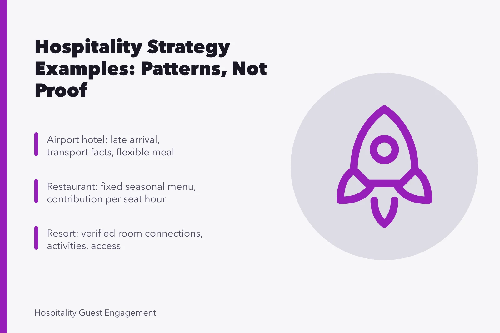Card summarizing eight hospitality marketing strategy patterns and their tradeoffs. Where the hospitality marketing strategy examples agree, and where they do not