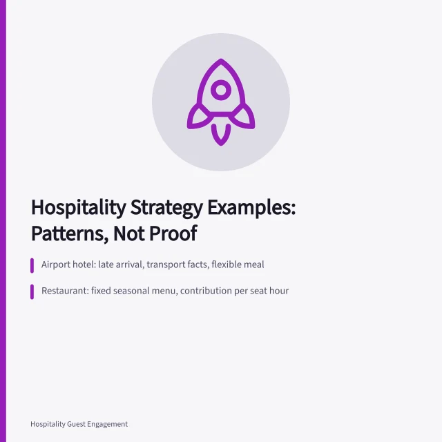 Card summarizing eight hospitality marketing strategy patterns and their tradeoffs. Where the hospitality marketing strategy examples agree, and where they do not
