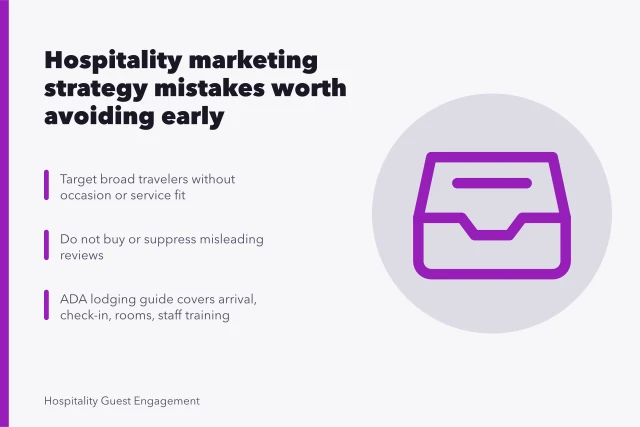 Card listing hospitality marketing strategy mistakes: vague audiences, review manipulation, accessibility gaps. Hospitality marketing strategy mistakes worth avoiding early