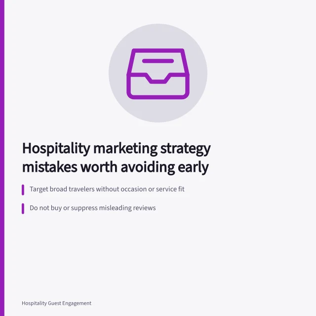 Card listing hospitality marketing strategy mistakes: vague audiences, review manipulation, accessibility gaps. Hospitality marketing strategy mistakes worth avoiding early