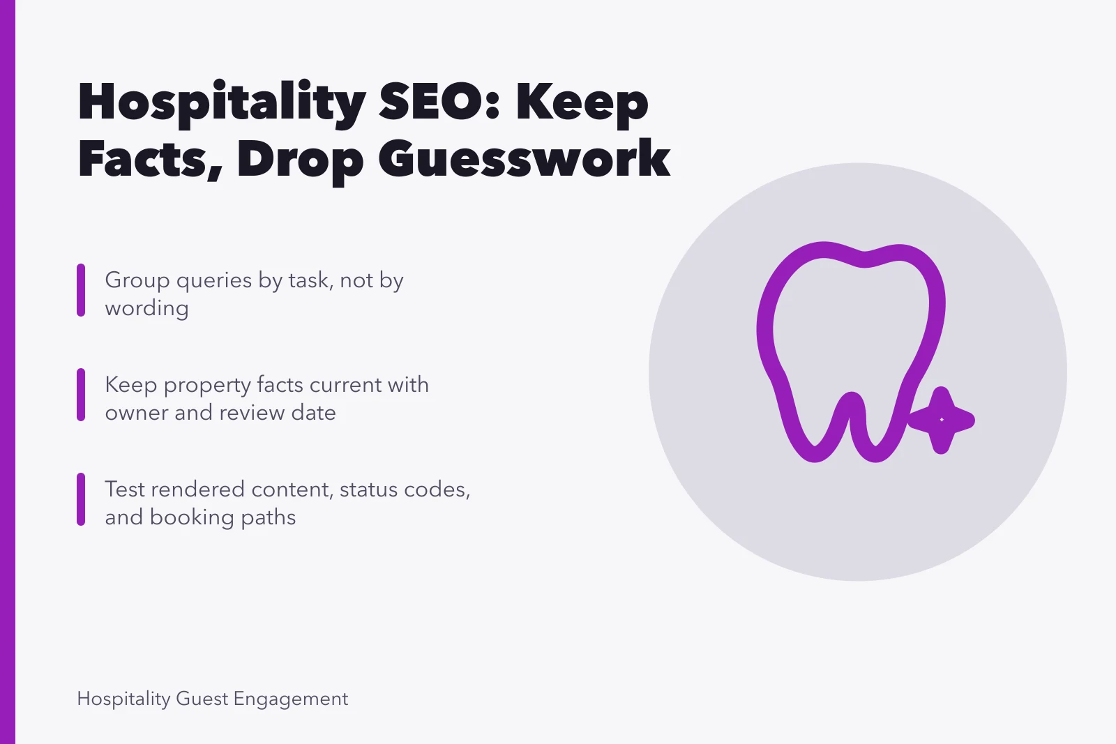 Card summarizing hospitality SEO tasks, property facts, and crawlable booking pages. Hospitality SEO: what to keep and what to drop