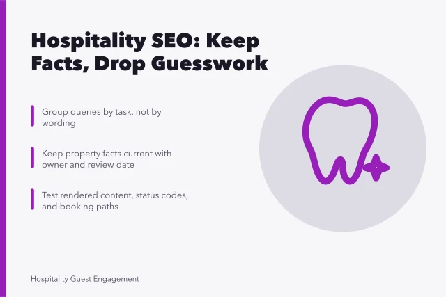 Card summarizing hospitality SEO tasks, property facts, and crawlable booking pages. Hospitality SEO: what to keep and what to drop