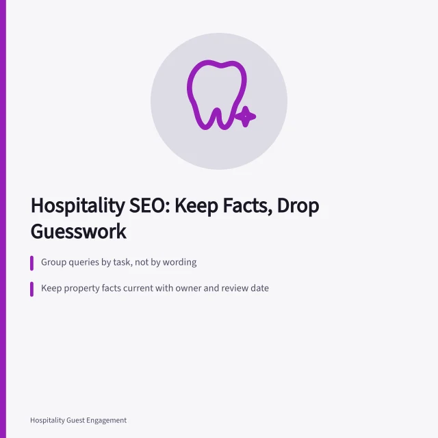 Card summarizing hospitality SEO tasks, property facts, and crawlable booking pages. Hospitality SEO: what to keep and what to drop