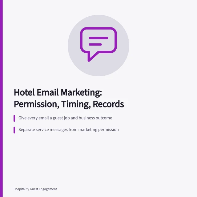 Card summarizing hotel email marketing permission, timing, and booking reconciliation. Notes on hotel email marketing from the field