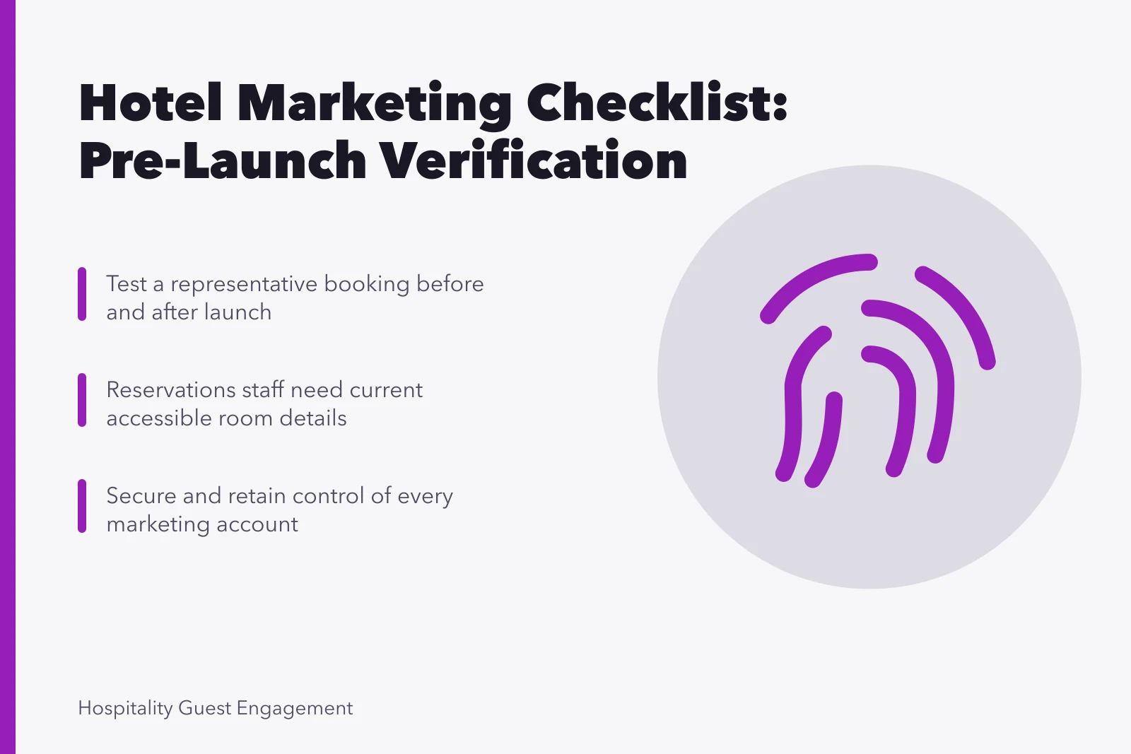 Hotel marketing checklist card with pre-launch verification steps for campaigns. Hotel marketing checklist: what to confirm before a campaign launches
