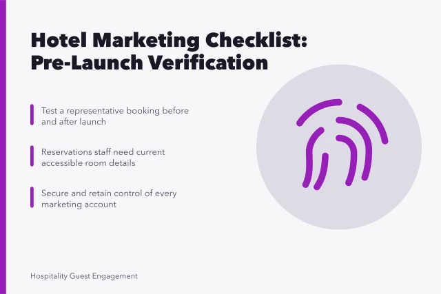 Hotel marketing checklist card with pre-launch verification steps for campaigns. Hotel marketing checklist: what to confirm before a campaign launches