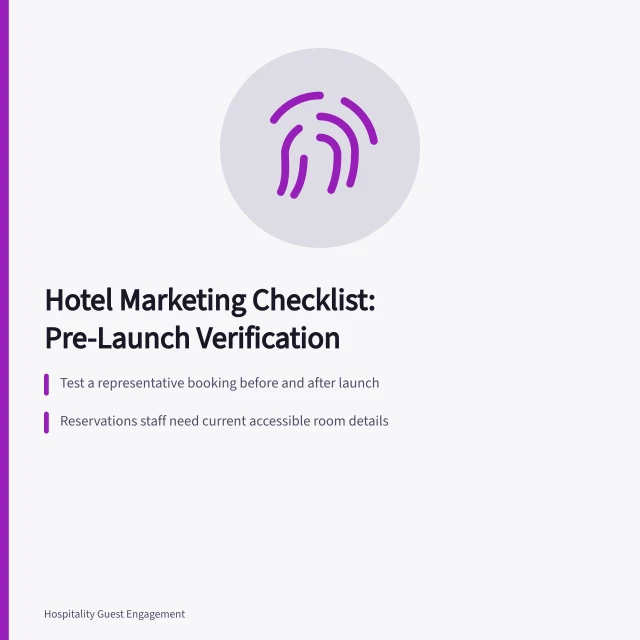 Hotel marketing checklist card with pre-launch verification steps for campaigns. Hotel marketing checklist: what to confirm before a campaign launches