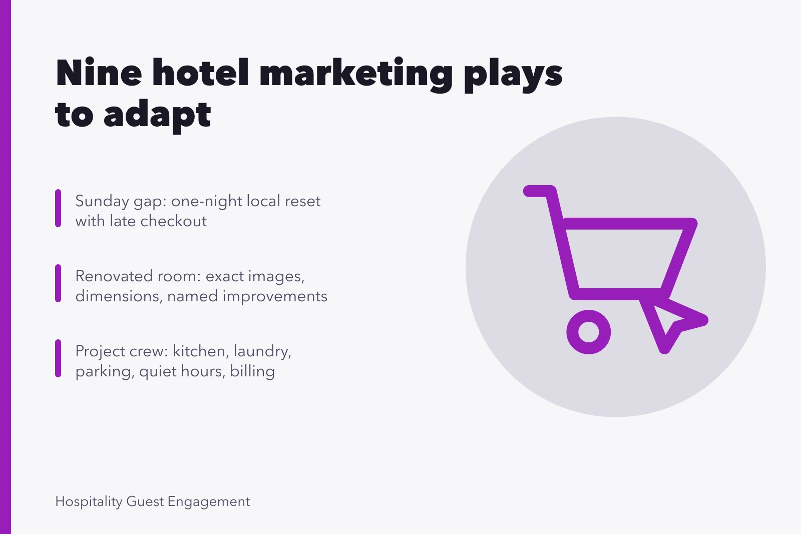 Card listing nine hotel marketing plays with offers and measures. A guide to nine hotel marketing plays worth adapting