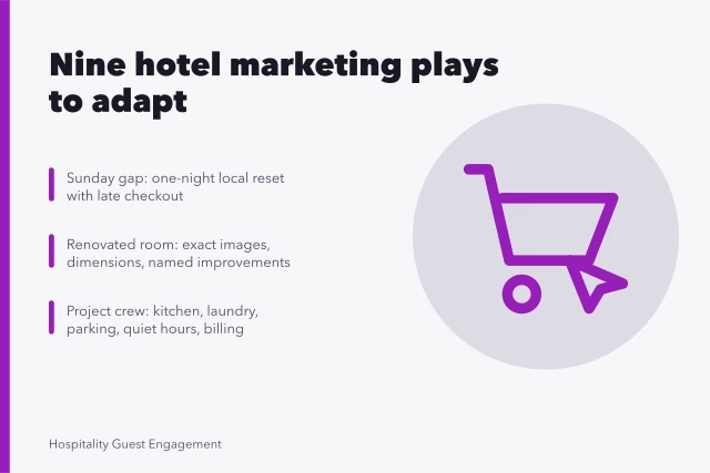 Card listing nine hotel marketing plays with offers and measures. A guide to nine hotel marketing plays worth adapting
