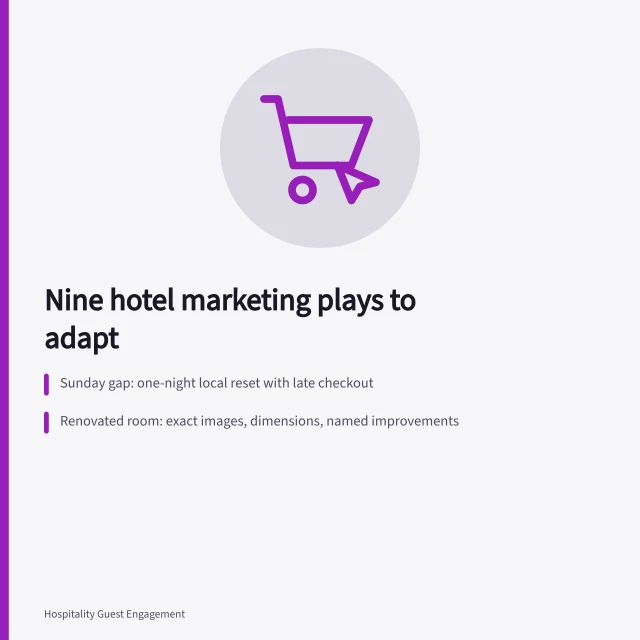 Card listing nine hotel marketing plays with offers and measures. A guide to nine hotel marketing plays worth adapting