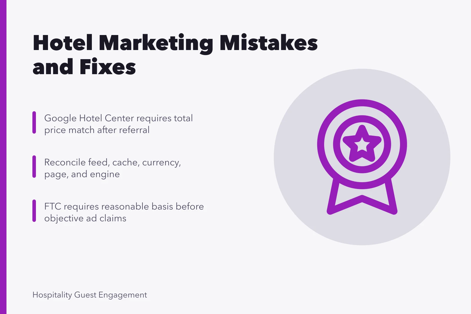 Card listing hotel marketing mistakes, price accuracy rules, and repair steps. Hotel marketing mistakes: the traps and the way around them