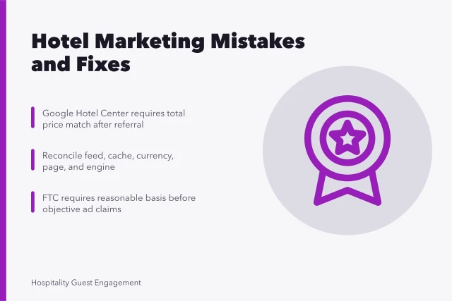 Card listing hotel marketing mistakes, price accuracy rules, and repair steps. Hotel marketing mistakes: the traps and the way around them