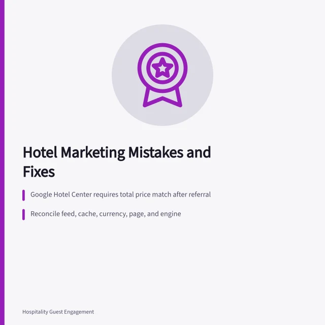 Card listing hotel marketing mistakes, price accuracy rules, and repair steps. Hotel marketing mistakes: the traps and the way around them
