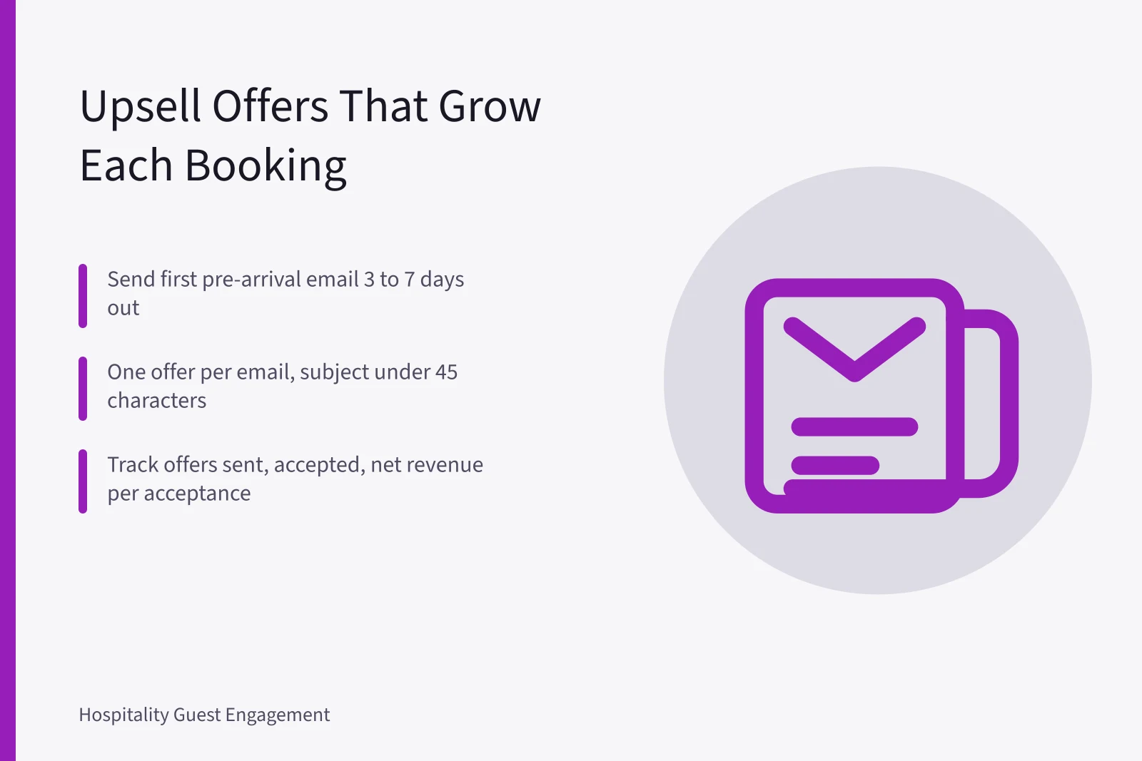 Card listing pre-arrival upsell email timing and revenue tracking steps. Hotel upsell ideas that turn a confirmed booking into a bigger stay
