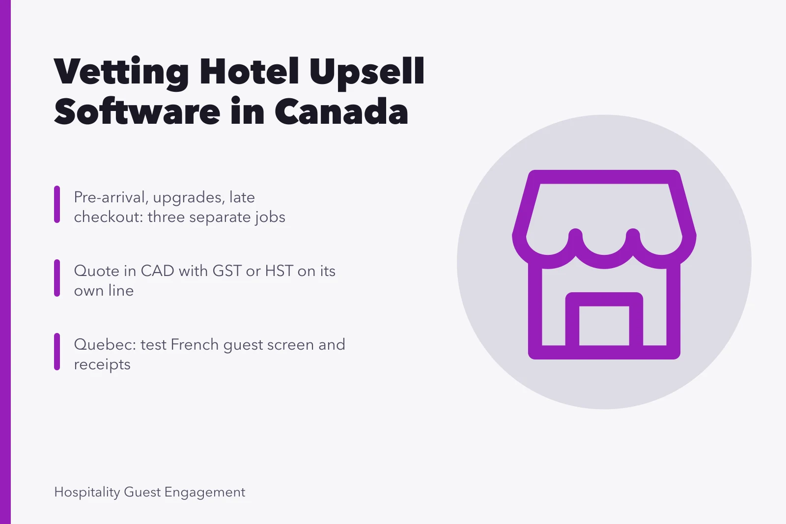 Card on judging Canadian hotel upsell software vendors and CAD tax lines. Hotel Upsell Software for Canadian Properties: Pre-Arrival, Upgrades, Late Checkout
