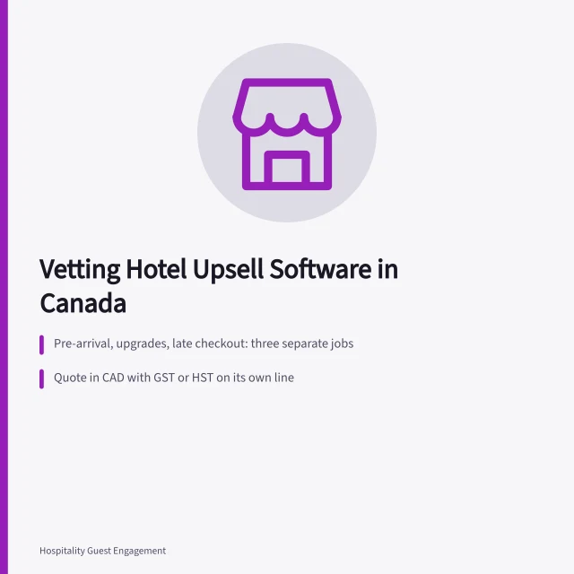 Card on judging Canadian hotel upsell software vendors and CAD tax lines. Hotel Upsell Software for Canadian Properties: Pre-Arrival, Upgrades, Late Checkout