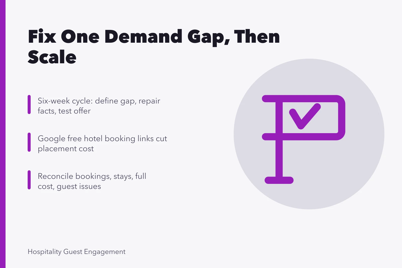 Card outlining a six-week hotel marketing improvement cycle with booking links. How to Improve Hotel Marketing with a Focused Plan: a practical read