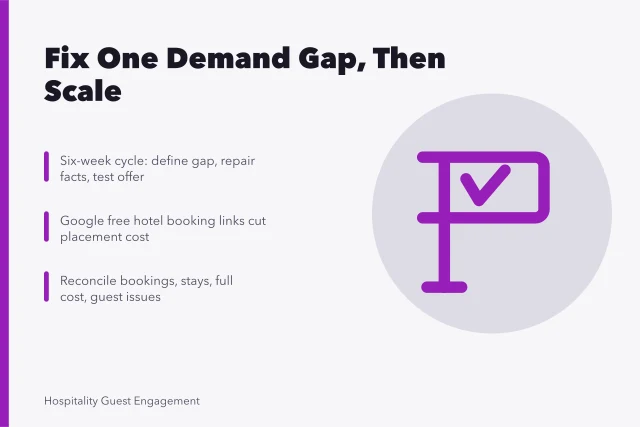 Card outlining a six-week hotel marketing improvement cycle with booking links. How to Improve Hotel Marketing with a Focused Plan: a practical read