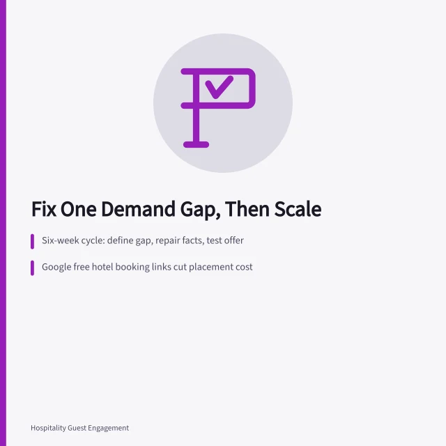 Card outlining a six-week hotel marketing improvement cycle with booking links. How to Improve Hotel Marketing with a Focused Plan: a practical read