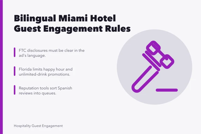Bilingual hotel guest engagement with FTC and Florida alcohol rules. How Miami hotels engage bilingual guests under US marketing rules