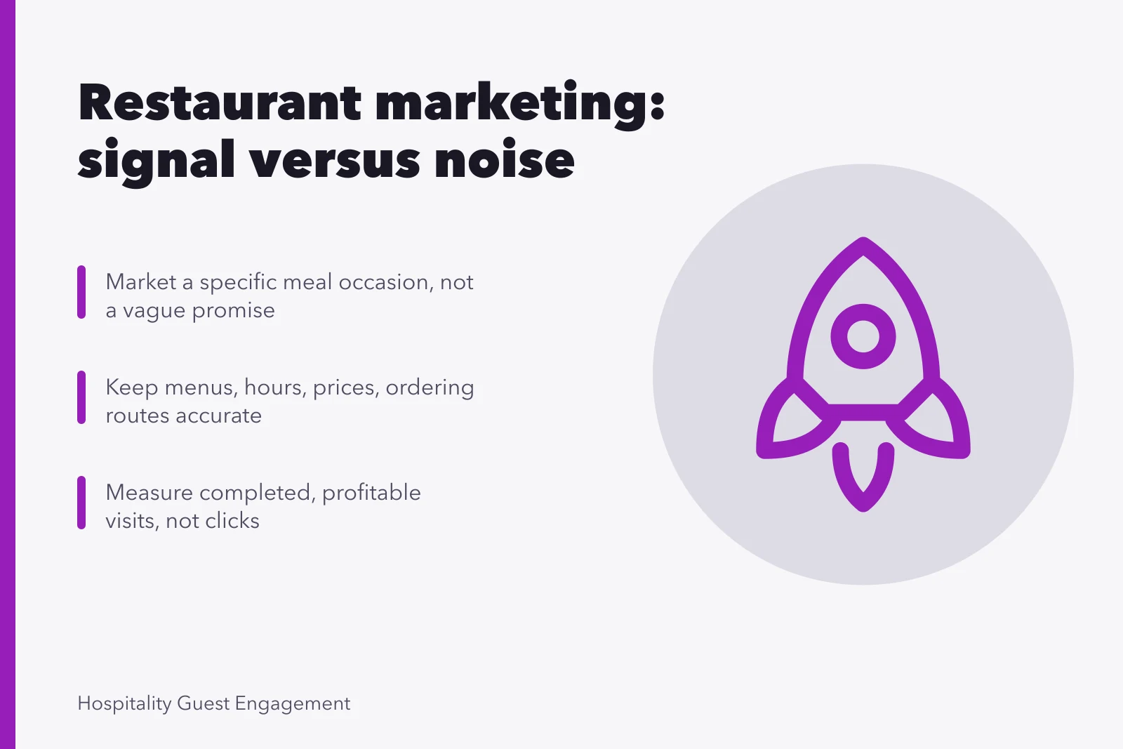 Card summarizing restaurant marketing: occasion focus, accurate listings, profitable visits. Restaurant marketing: signal versus noise