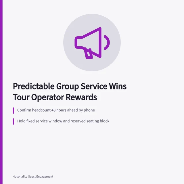 Card summarizing tour operator partnership predictability for hotels and restaurants. Tour operator partnerships and local business predictability: a US hospitality guide