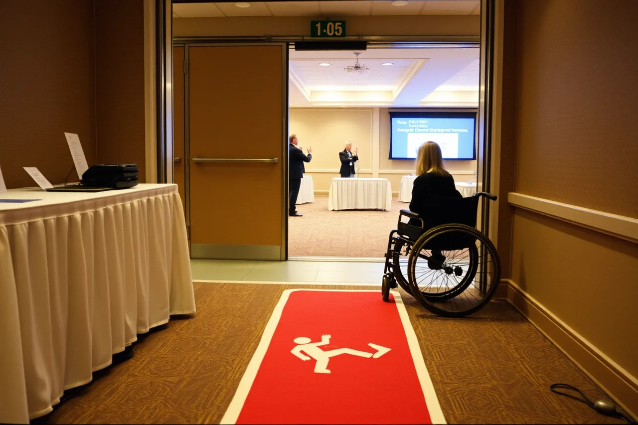 Lowered event registration counter with step-free route and captioning screen behind (ADA compliance in guest engagement materials, a US guide)